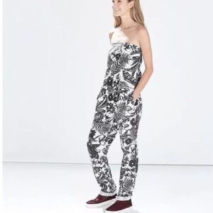 Zara Strapless Linen Floral Jumpsuit in Black and White
